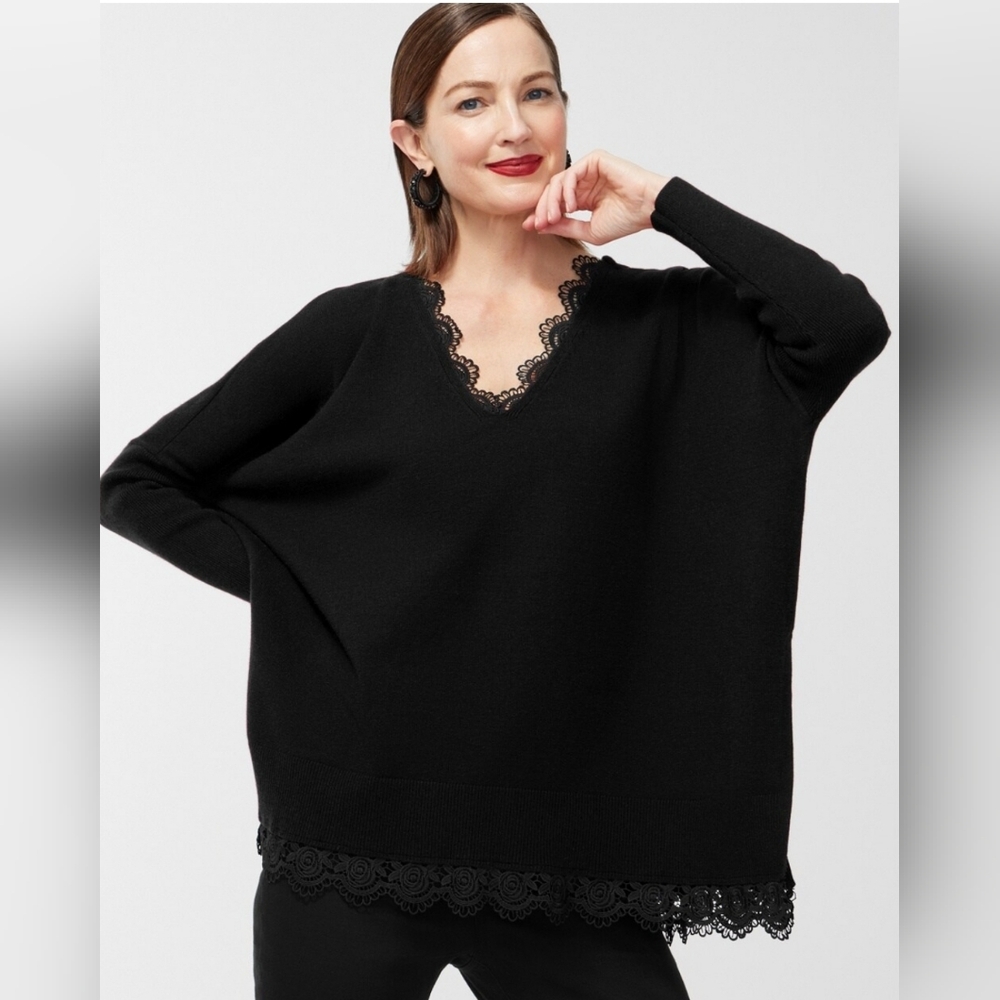 NWOT S/M* Chicos Oversized Lace-Trim Poncho Sweater
